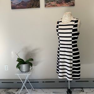 Flared black and white striped mini dress